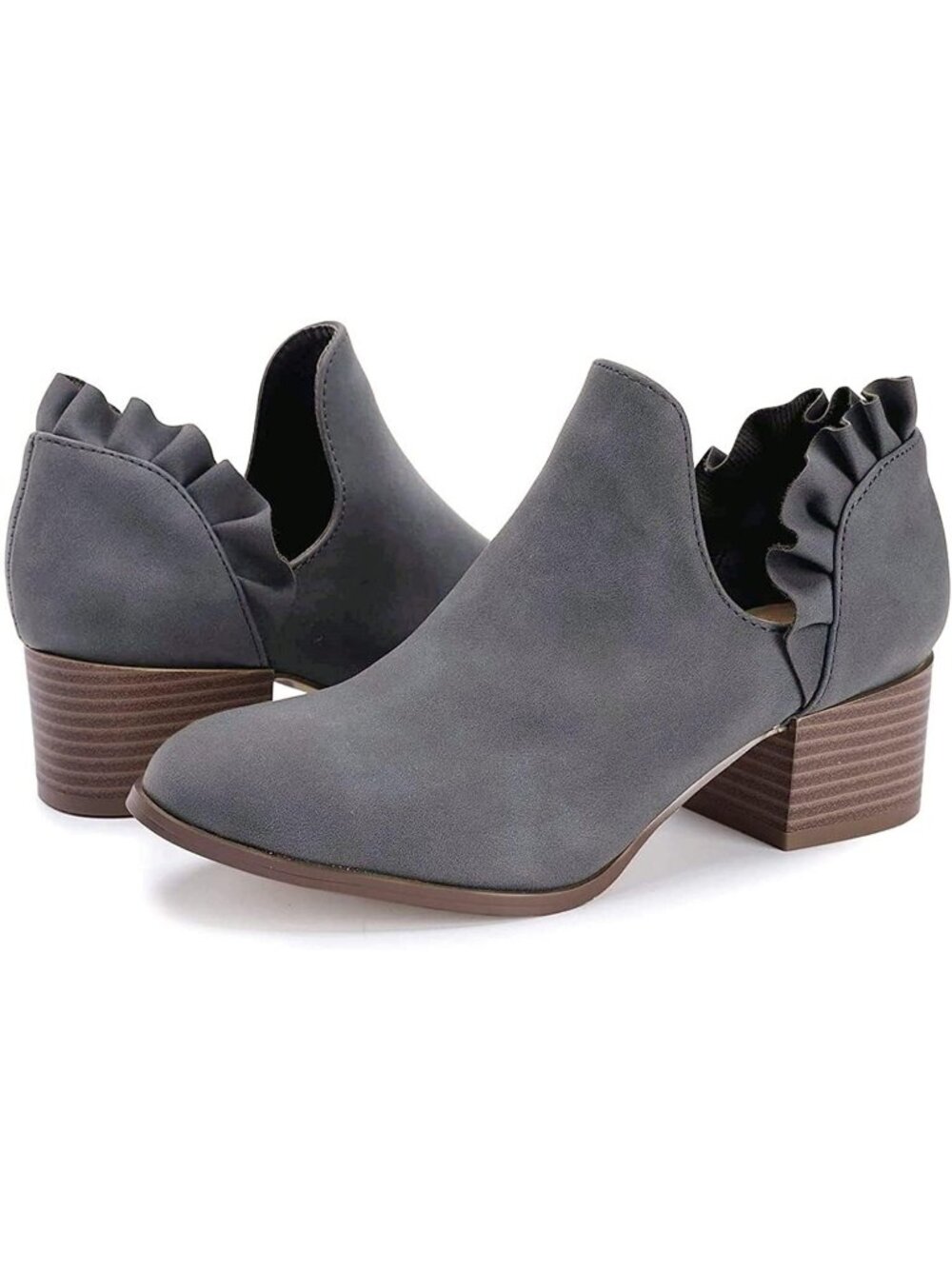 Women's Grey Faux Leather Fall Cutout Low Stacked Ruffle Slip On Ankle Booties